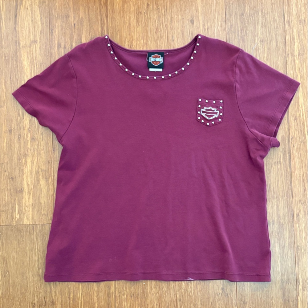 Harley Davidson women's Sz L short-sleeved tee Lisle IL embroidered logo pocket